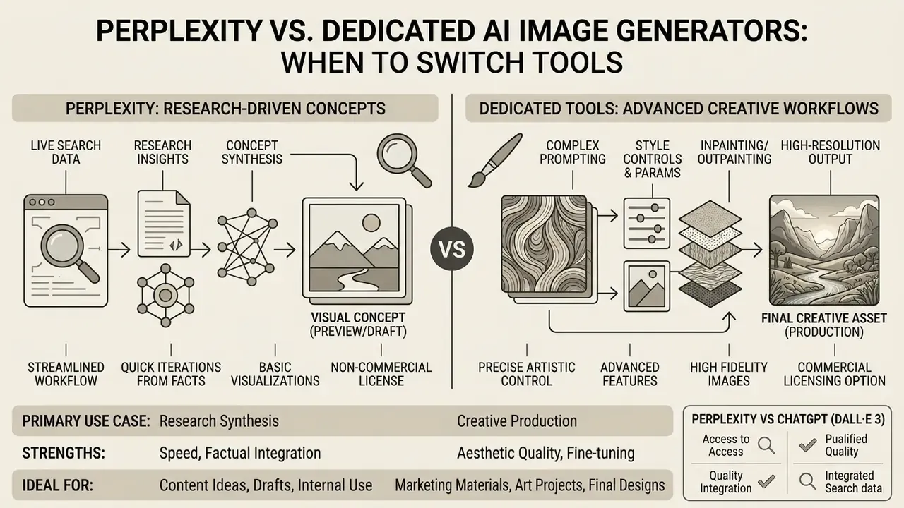 Comparison chart contrasting research-driven visual generation in Perplexity AI with dedicated creative tools