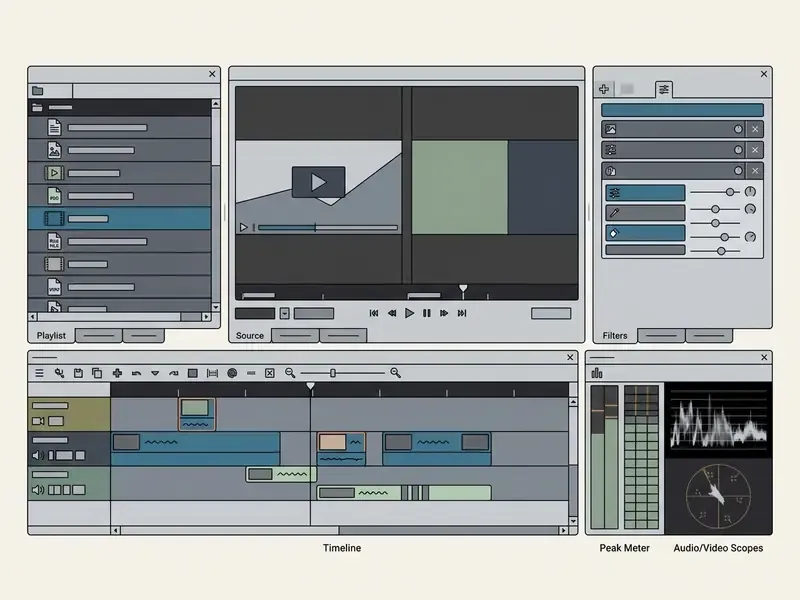 Dockable workspace layout showing playlist, timeline, filters, peak meter, and audio video scopes