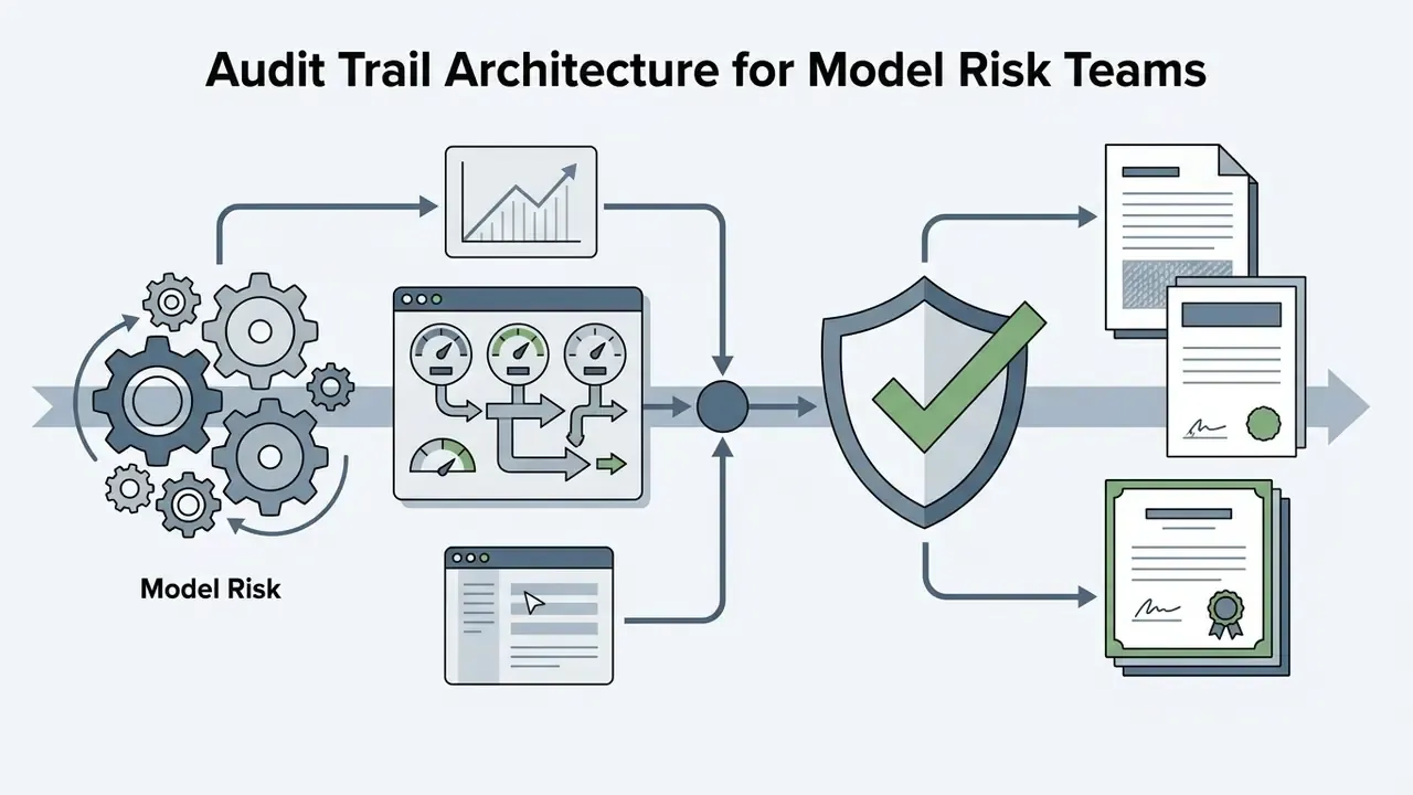 Gears and gauges processing data into a shield icon that outputs finalized documents and certificates