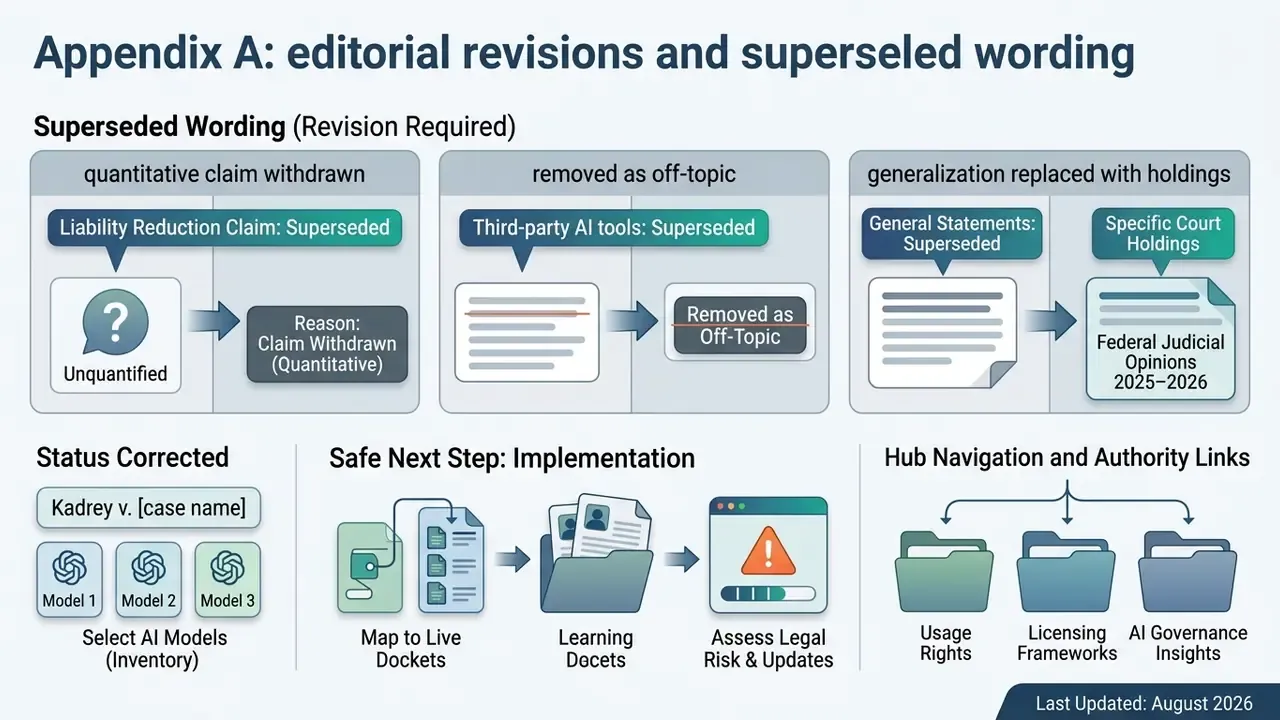 Diagram showing editorial revisions for an AI Litigation Tracker including superseded text and workflows