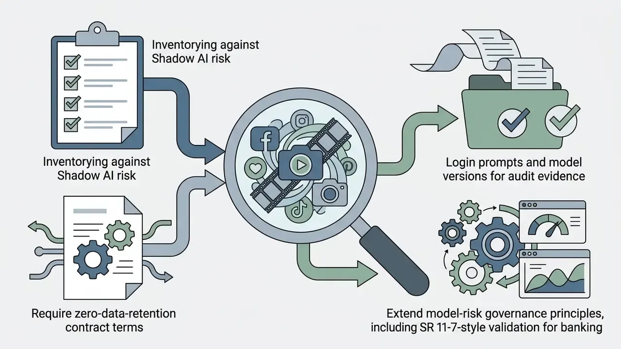 Magnifying glass examining media icons connected to risk management and governance documentation steps
