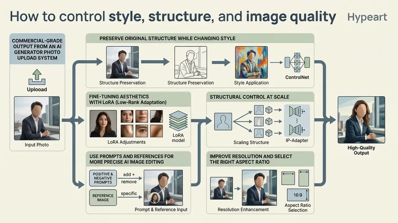 Infographic showing technical steps to manage AI image generation through structure and style controls