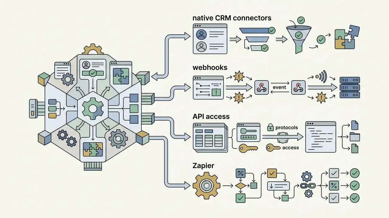 Central gear hub connecting to CRM, webhooks, API, and Zapier workflows for integrated data processing