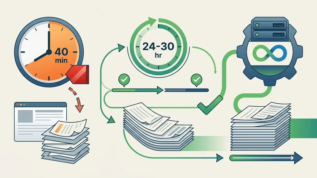 Clock icons with time limits connecting to document stacks and a server gear with an infinity symbol