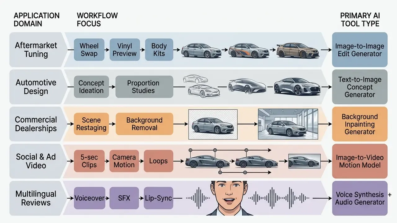 Matrix showing automotive application domains, specific workflow tasks, and corresponding AI tool types