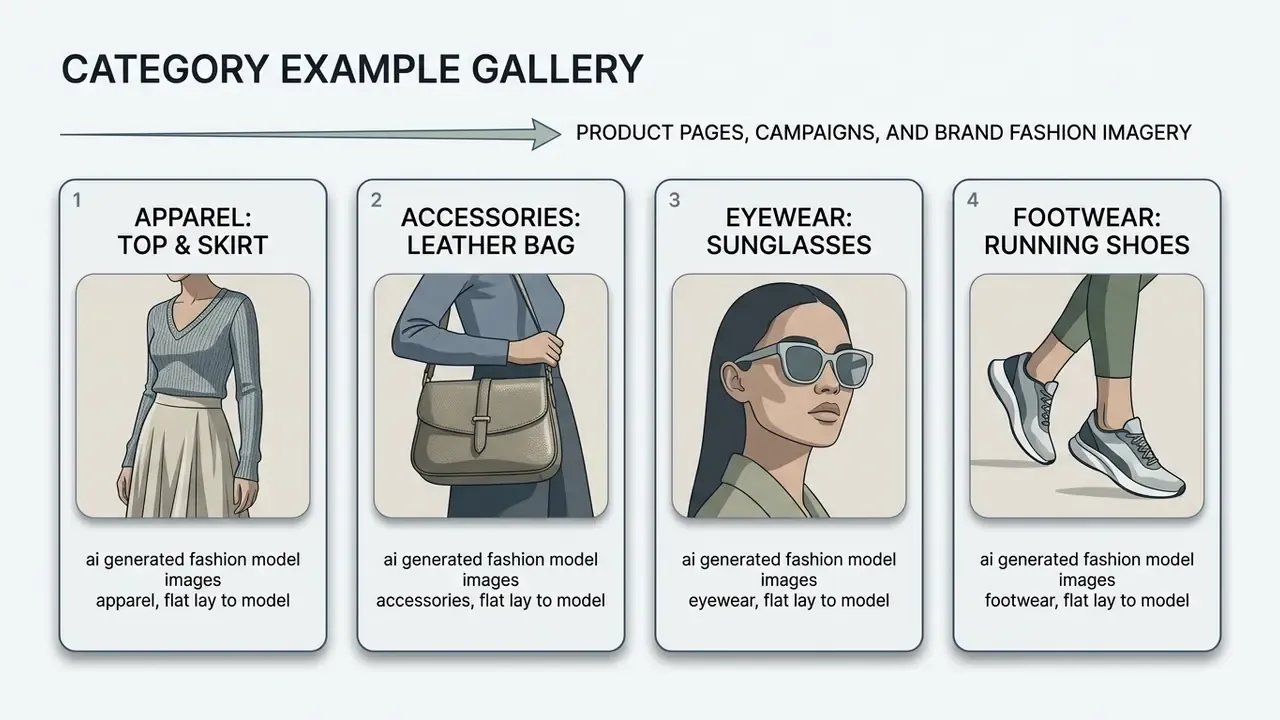 Four-card grid showing AI generated fashion model images for apparel, accessories, eyewear, and footwear