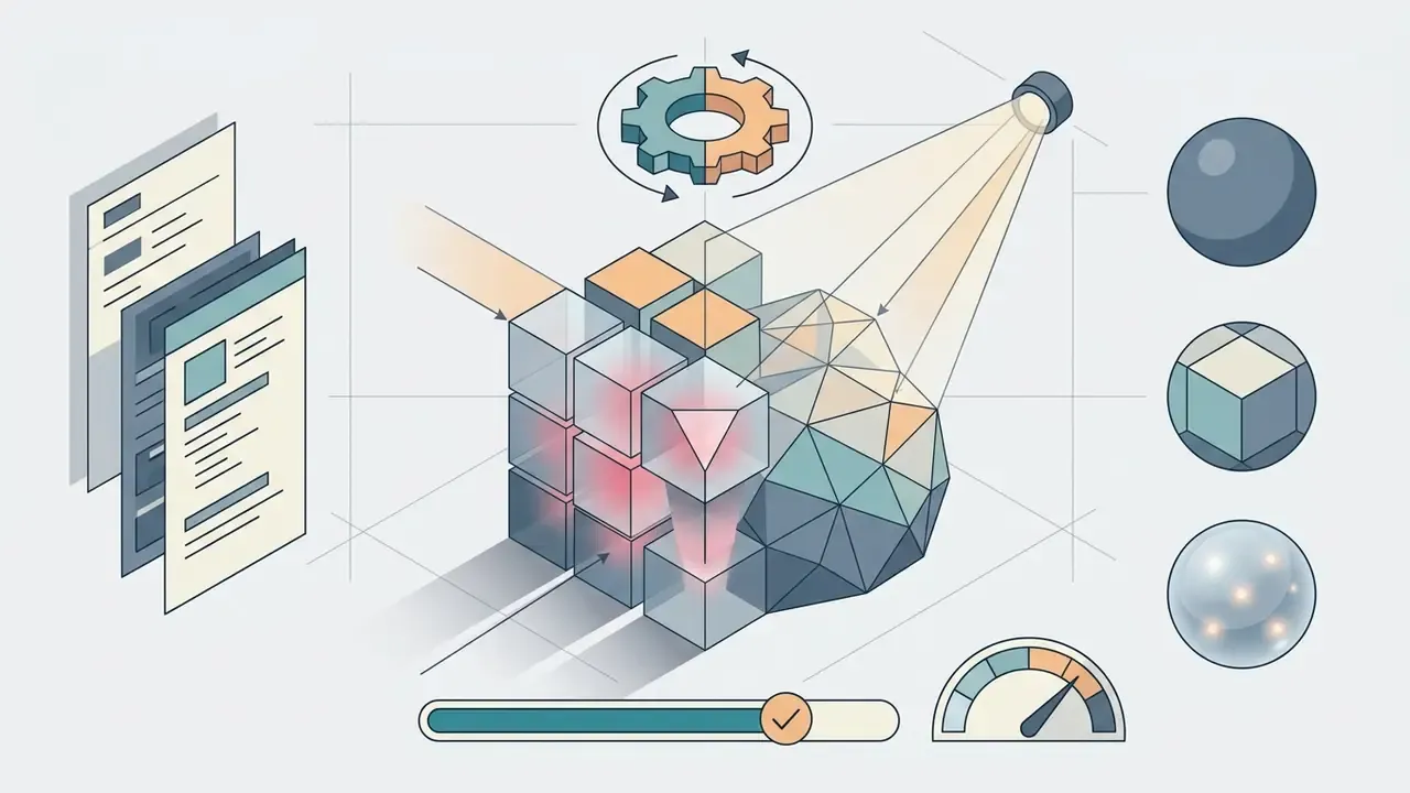Isometric view of geometric shapes being processed by a light source alongside data sheets and gauges