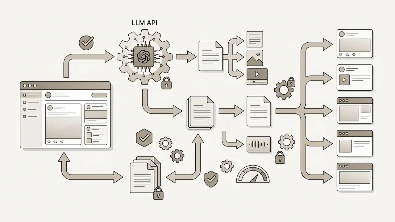 Social management dashboard feeding into an LLM API gear to transform content for multiple platform outputs