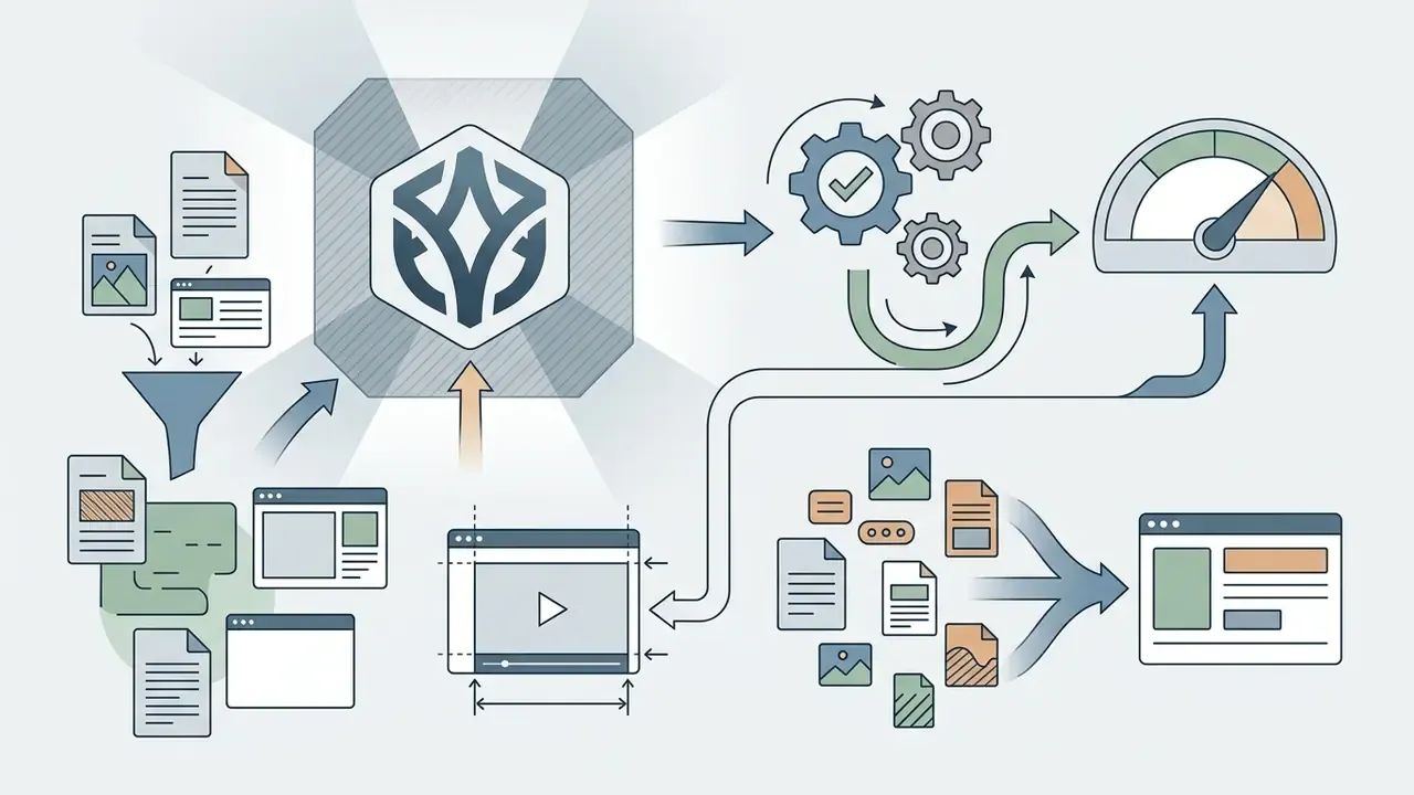 Files and images funneling into a processor that feeds into gear mechanisms and a video framing tool