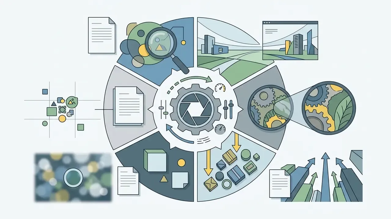 Circular graphic showing how AI to create images uses camera angles and composition settings