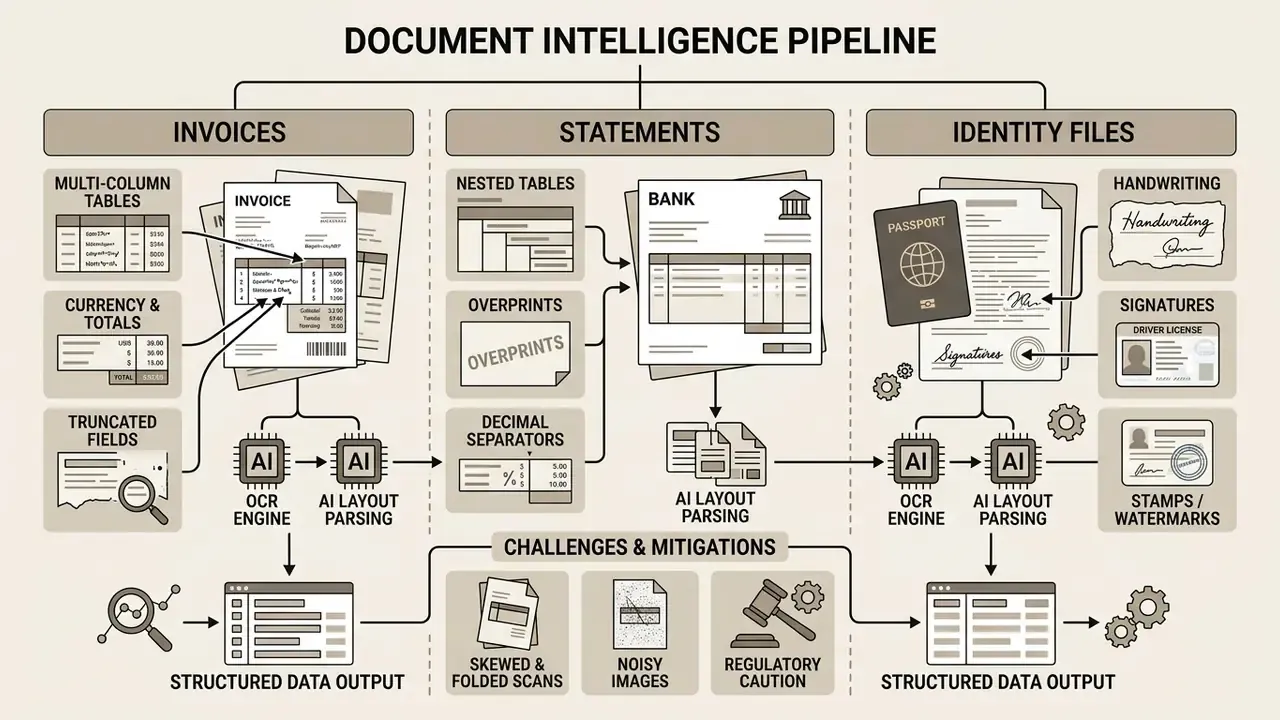 Flowchart illustrating document intelligence processing for invoices, bank statements, and identity files