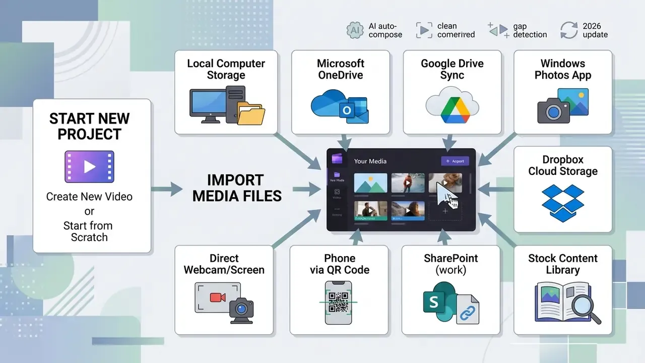 Diagram showing various cloud and local storage sources for importing media files into a video project