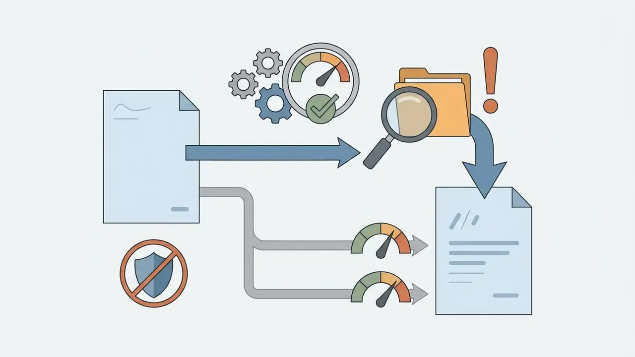 Document processing workflow with gears, gauges, and a magnifying glass inspecting a folder for an AI music generator