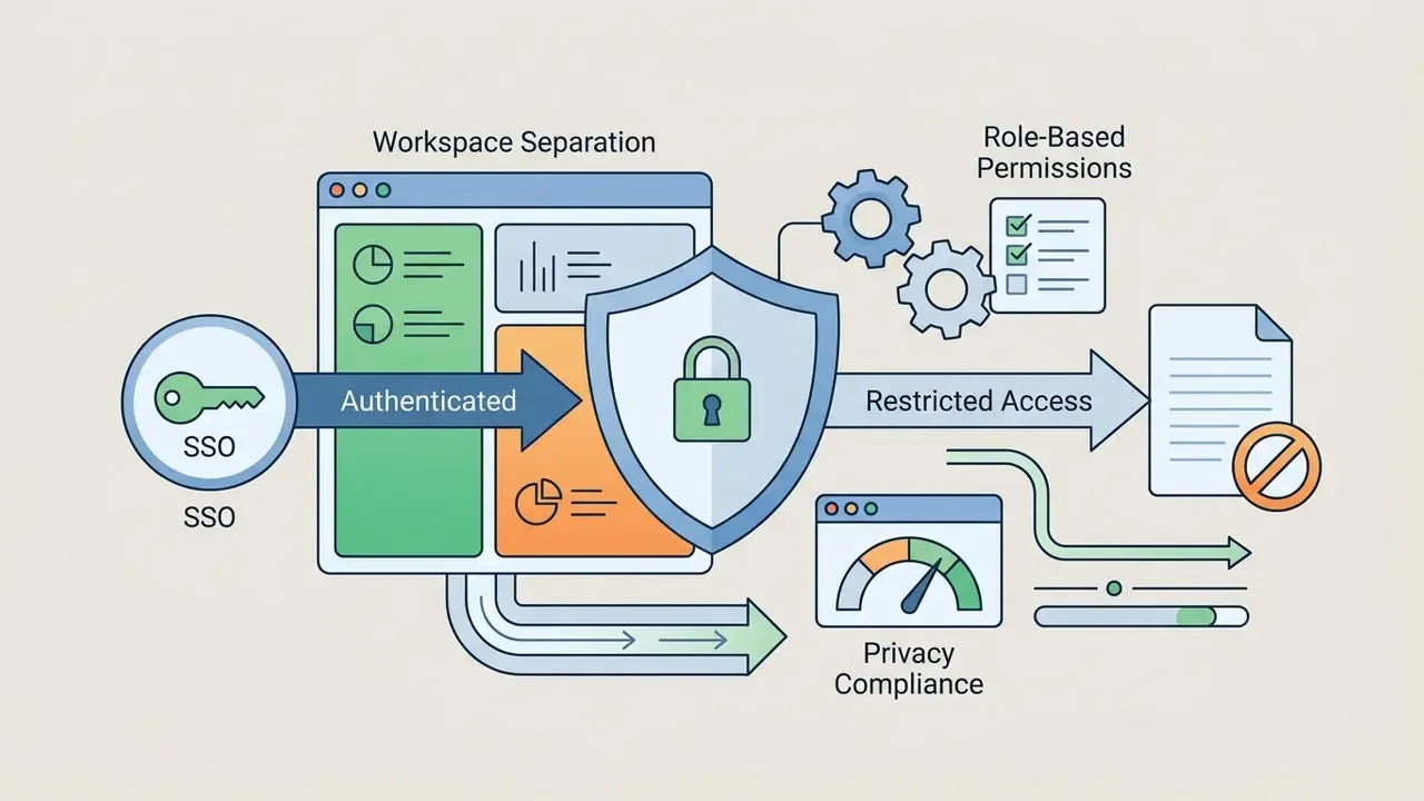 Key icon and shield symbol protecting data flow across workspace windows and permission checklists
