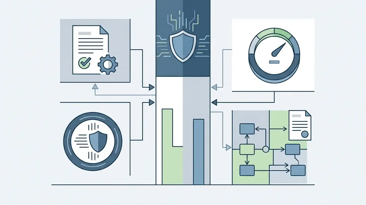 Compliance documents and performance gauges feeding into a central security shield processing core