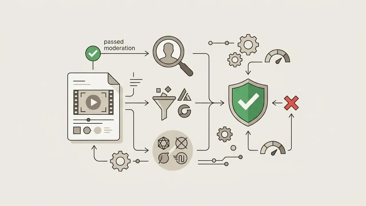 Video file passing through moderation and content filters to reach a shield icon for final approval