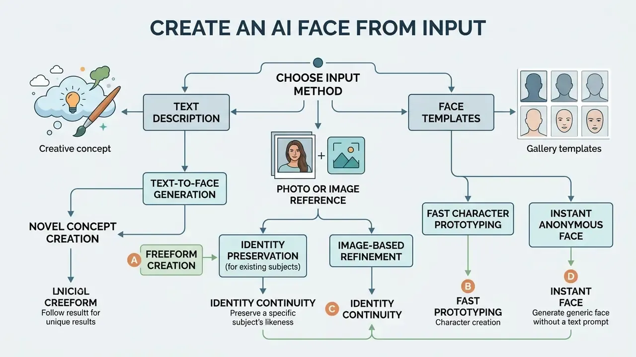 Flowchart outlining the decision paths for choosing an input method to generate an AI face