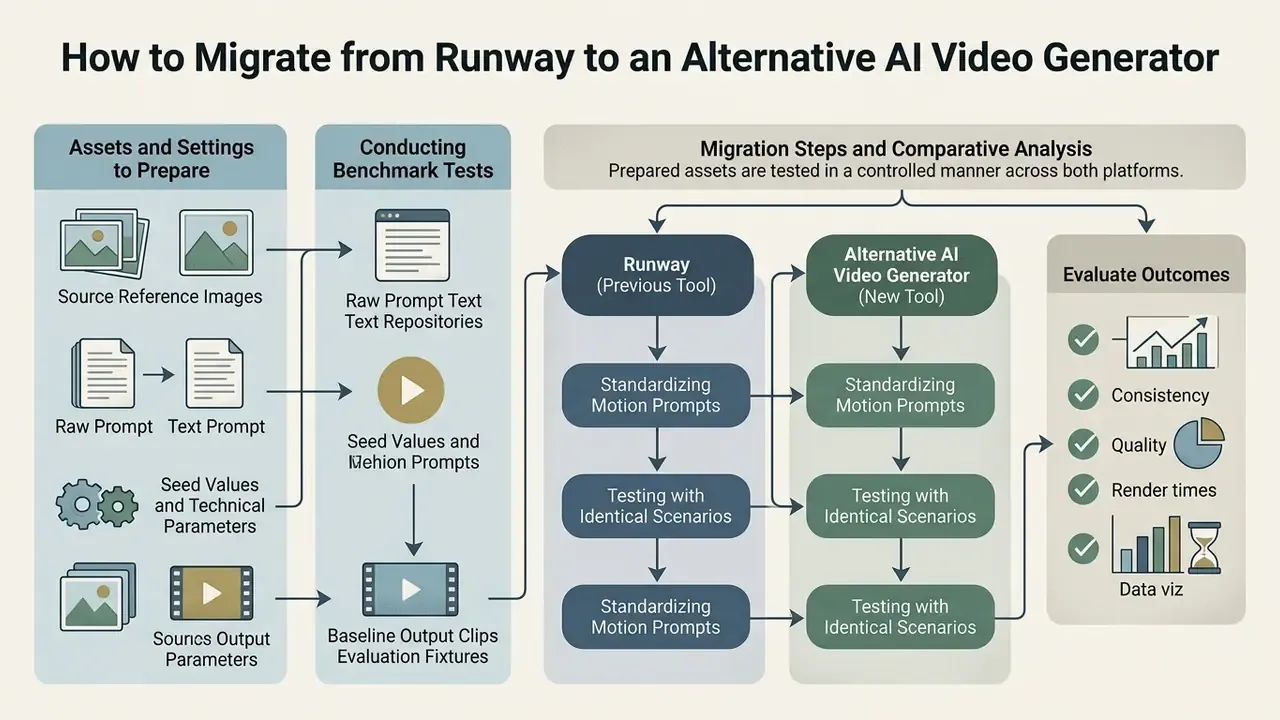 Flowchart outlining the preparation, testing, and evaluation steps for migrating to a new AI video generator