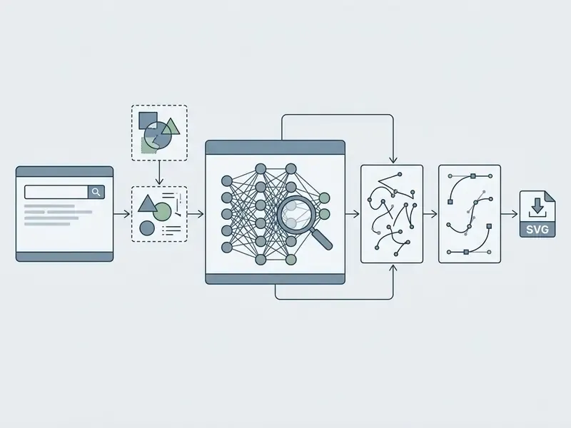 Flowchart showing text input moving through a neural network to generate optimized paths and SVG files