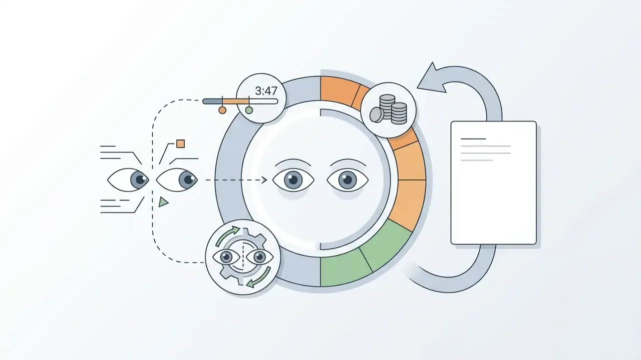 Eyes being realigned toward a lens with a circular progress indicator and coin icons for credit usage
