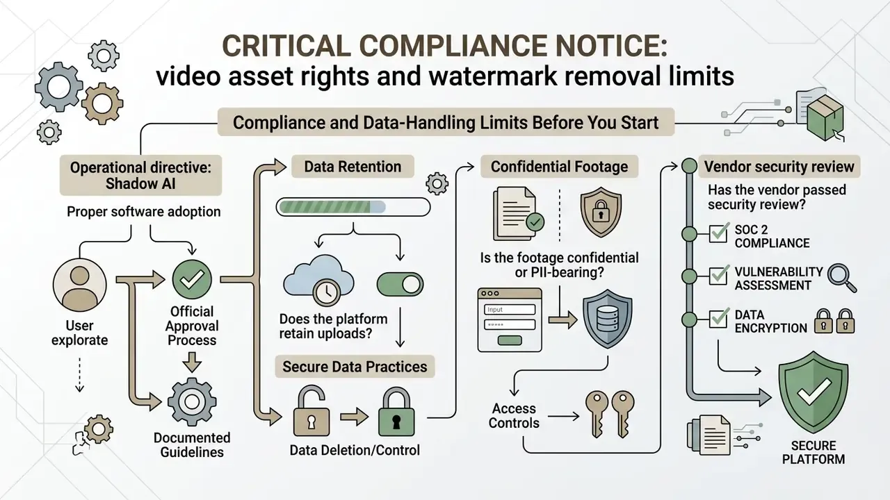 Flowchart outlining compliance steps for video asset rights including data retention and security reviews