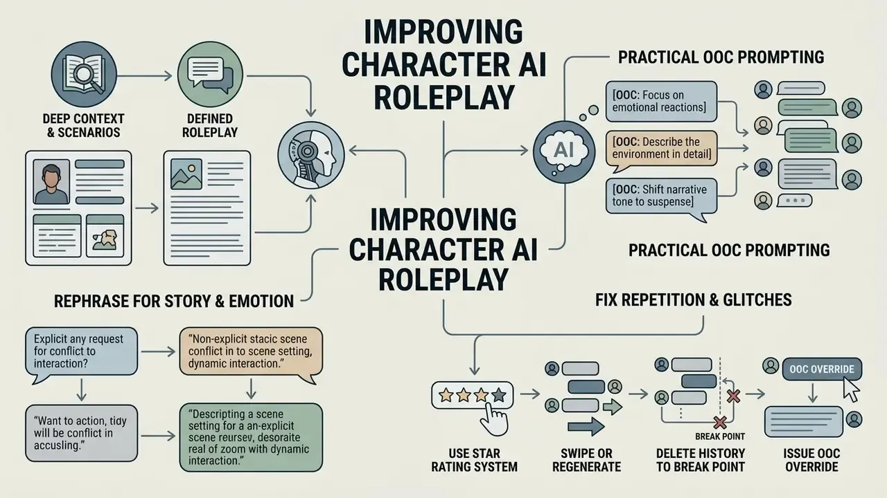 Diagram showing strategies for better Character AI roleplay through context, OOC prompts, and chat fixes