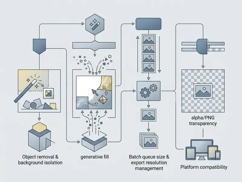 Process diagram showing steps for background isolation, generative fill, batch processing, and export