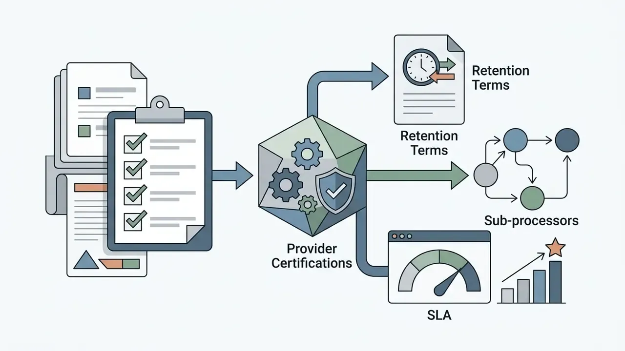 Checklist documents feeding into a central certification hub that branches into retention and SLA metrics