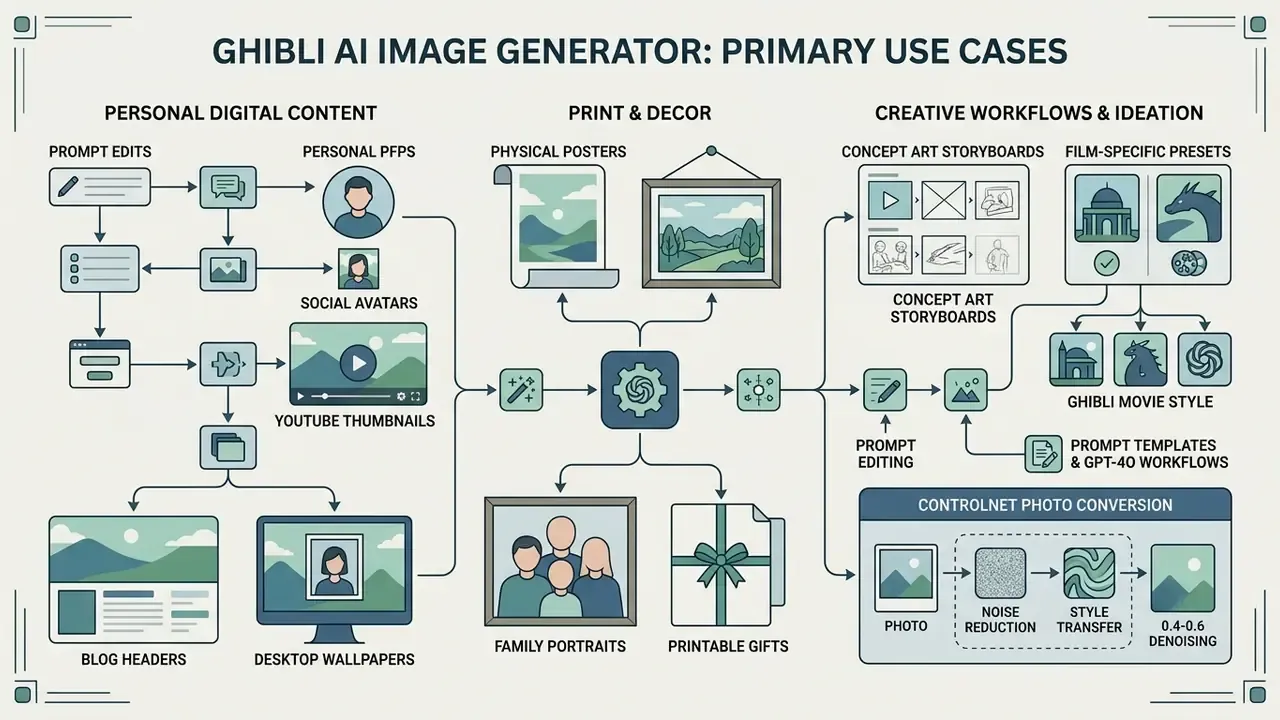 Diagram showing applications for generative art including personal content, print, and creative workflows