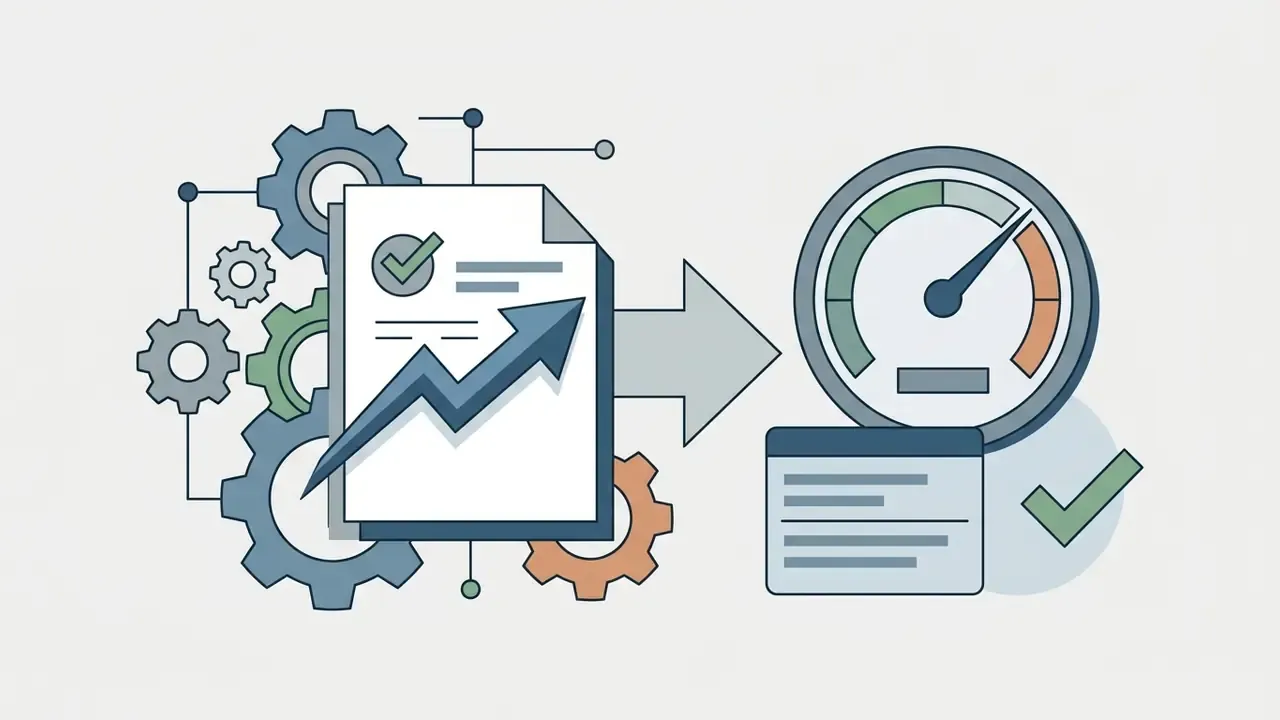 Document with an upward arrow and gears pointing toward a speedometer and a checkmark icon