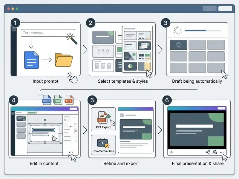 Sequence of six steps showing text prompt entry, template selection, automatic drafting, and final export