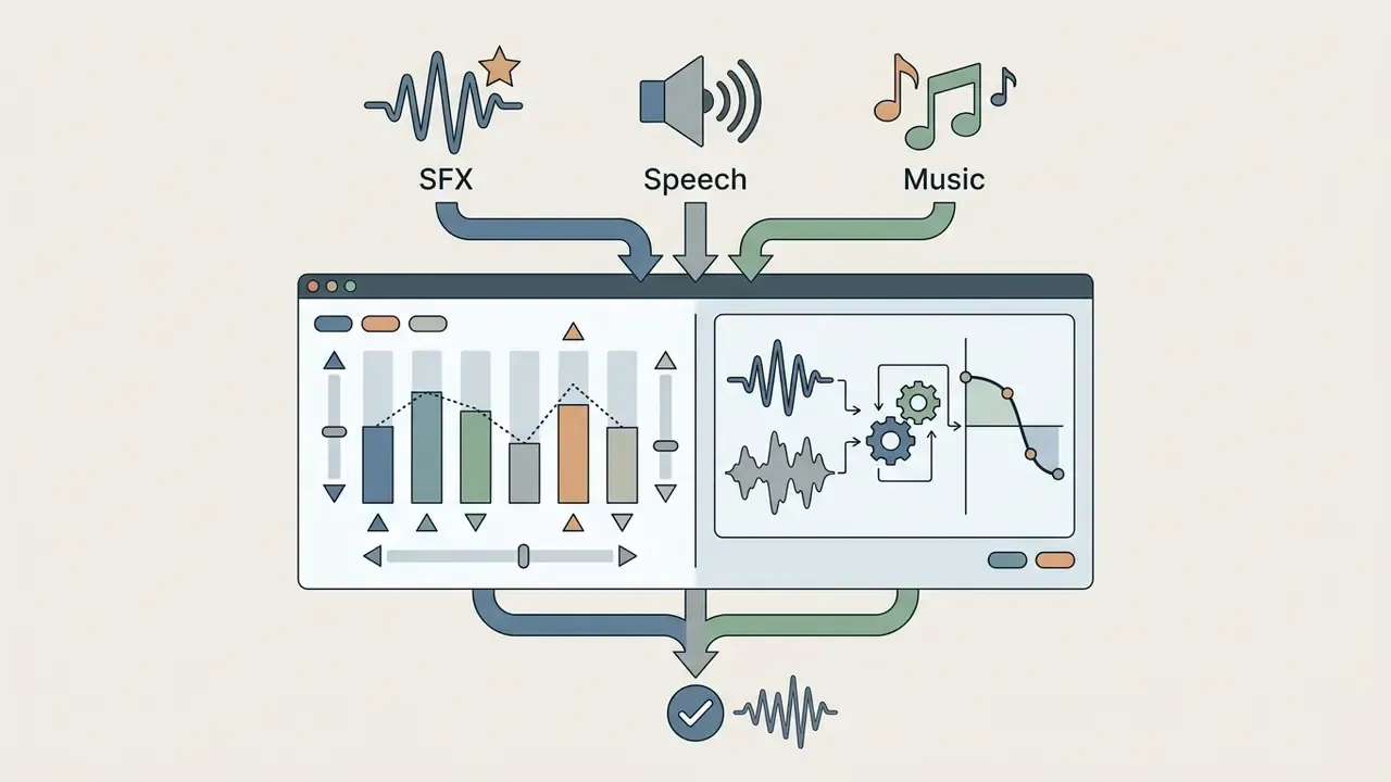 SFX, speech, and music tracks flowing into an equalizer interface for balanced audio output