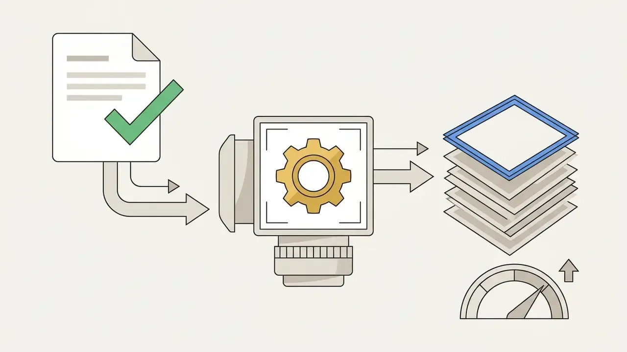 Document with a checkmark feeding into a camera gear mechanism that outputs stacked frames and a speed gauge