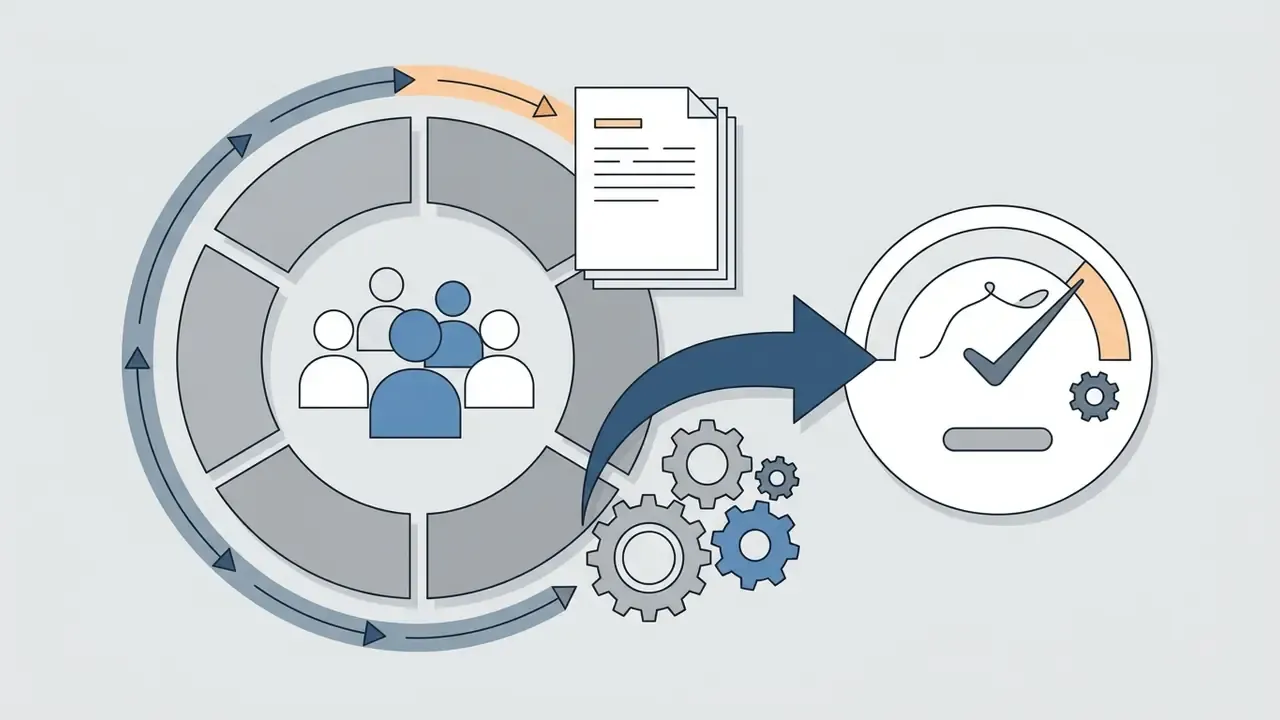 Group of people icon within a segmented ring connected by gears to a document and a checkmark gauge