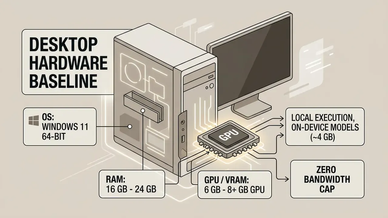 Desktop computer components labeled with Windows 11 OS, RAM, and GPU requirements for local processing