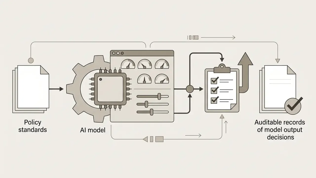 Policy standards feeding into an AI model processor that generates auditable records of output decisions