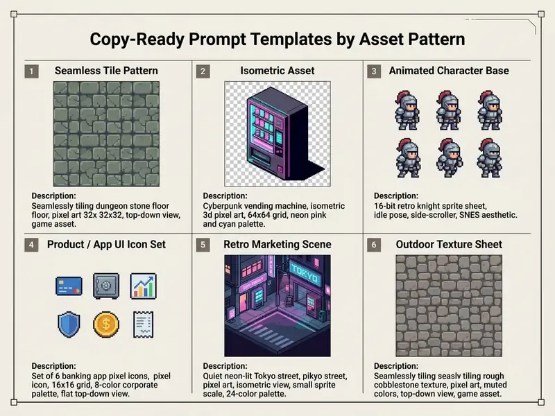 Grid of six numbered examples showcasing pixel art styles including textures, icons, and character sprites