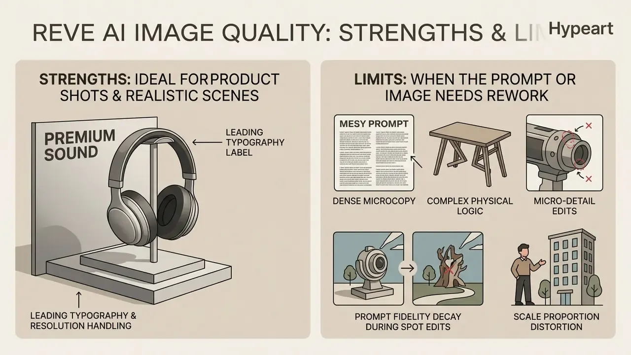 Comparison infographic highlighting capabilities for product shots versus challenges with complex edits