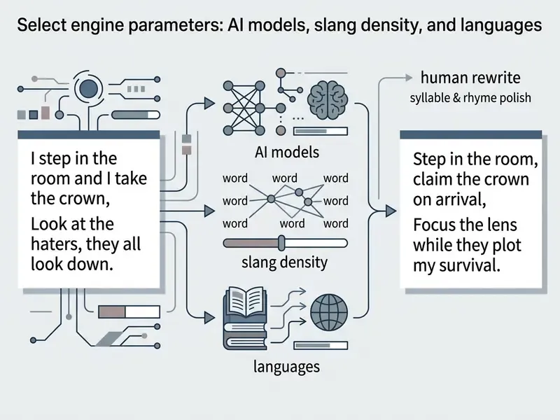 Diagram showing raw rap lyrics being processed through AI parameter settings before human refinement