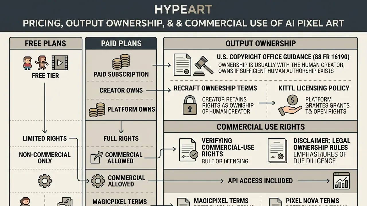 Diagram comparing free and paid subscription plans regarding copyright ownership and commercial usage