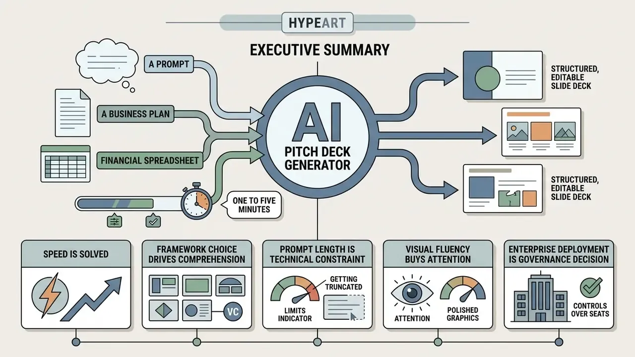 Flowchart showing how an AI pitch deck generator converts inputs into structured slide presentations