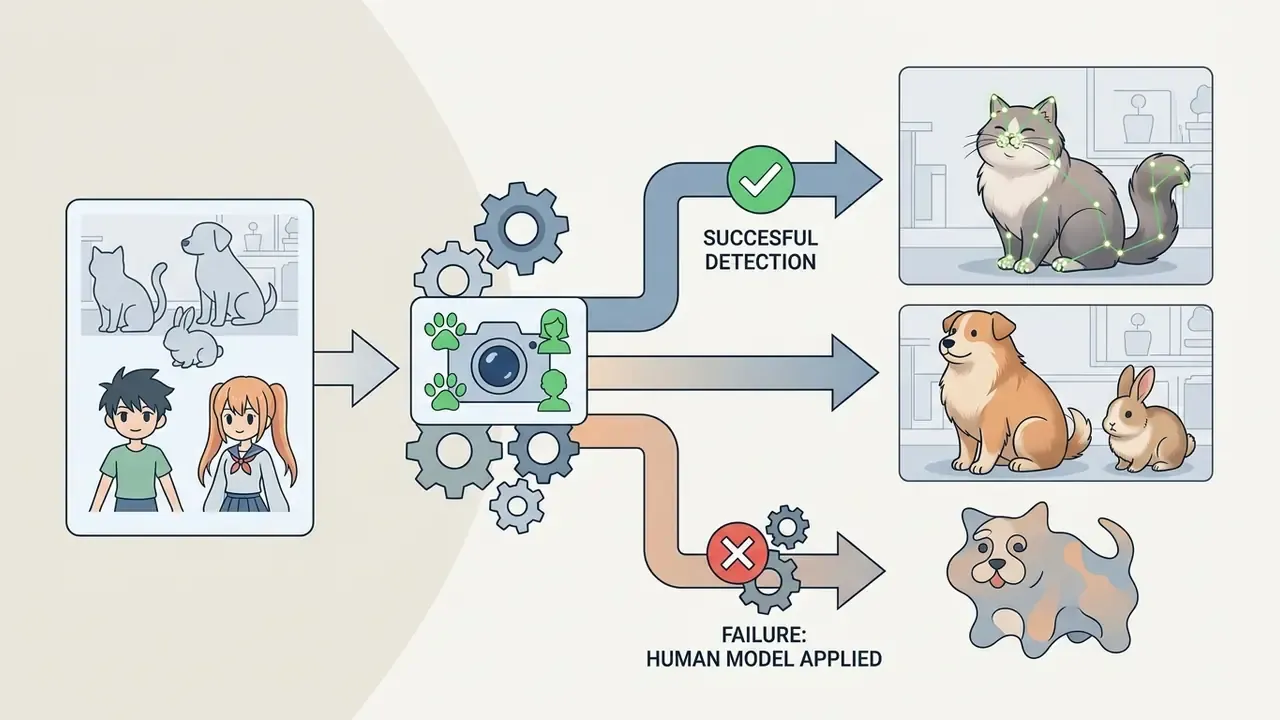 Diagram showing how animal landmark detection succeeds for pets while human models cause distortion
