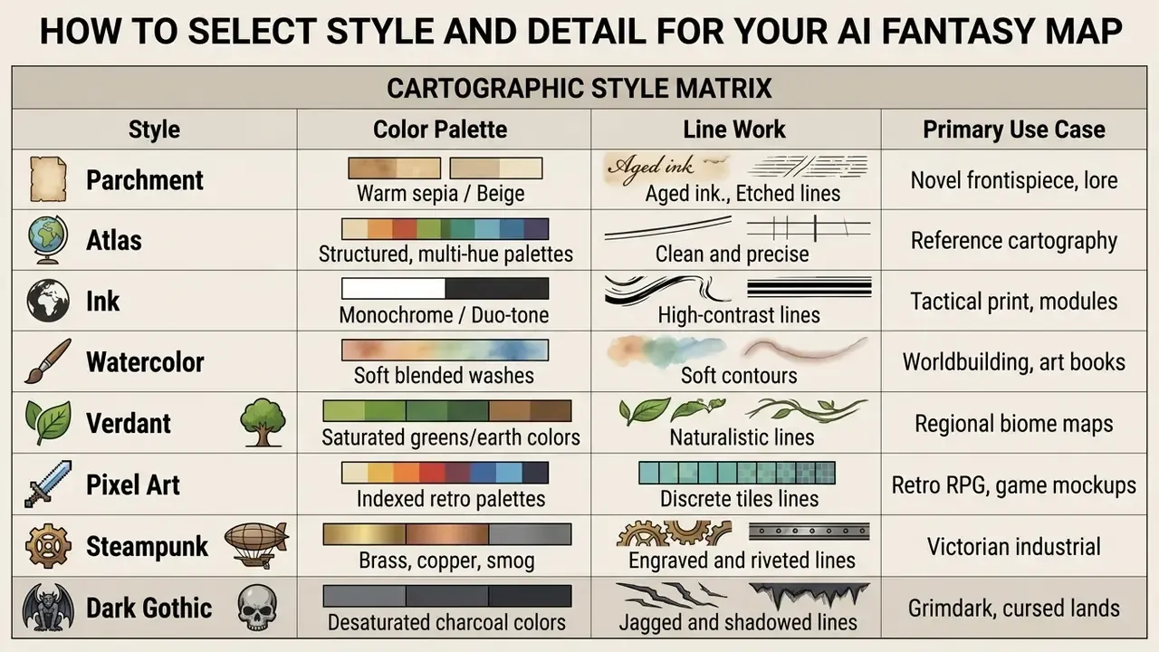 Table comparing eight cartographic styles by color palette, line work, and primary use case for map design