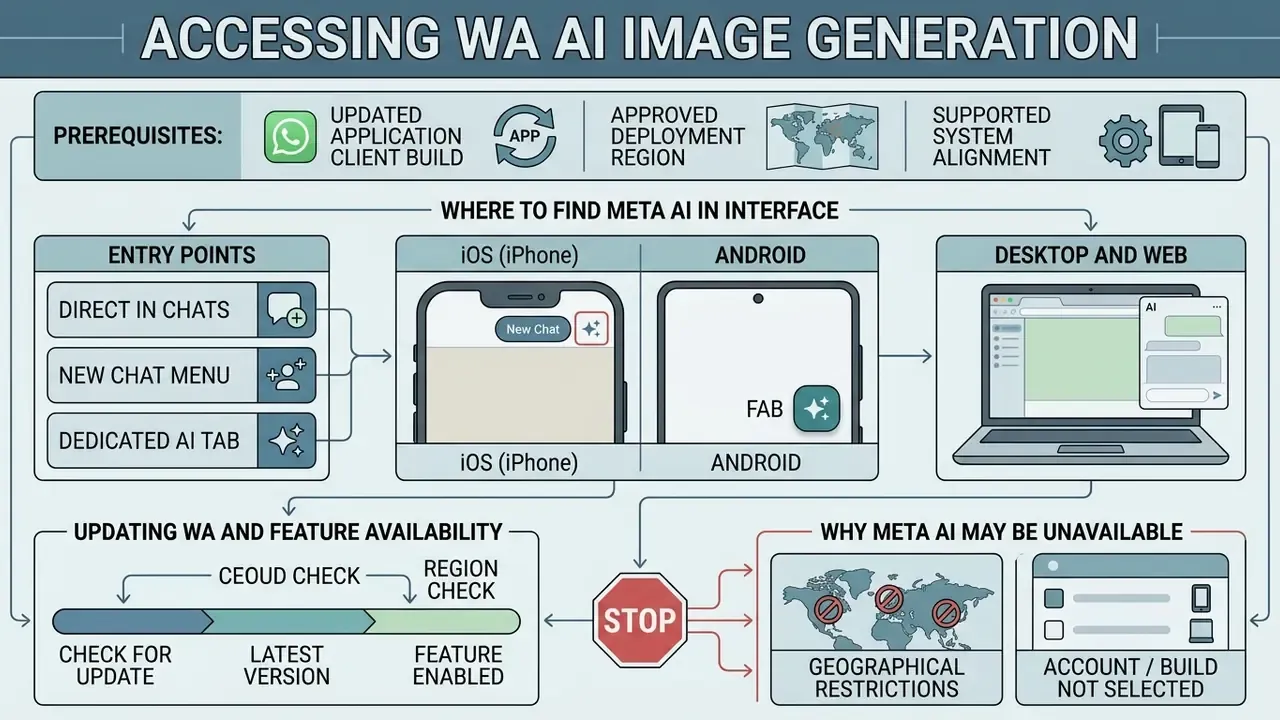 Infographic showing prerequisites, interface entry points, and availability checks for WhatsApp AI features
