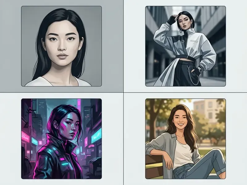 Four variations of the same female character in studio, fashion, cyberpunk, and natural light settings