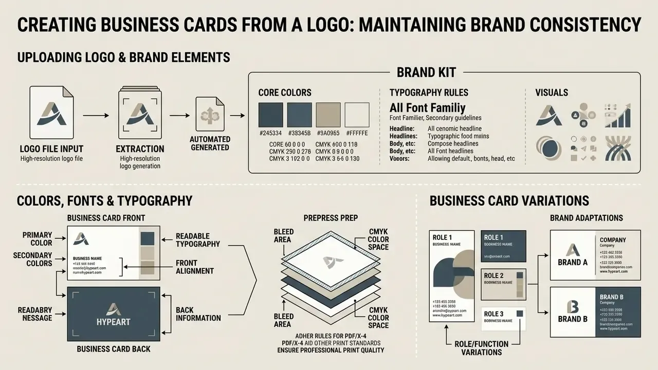 Infographic showing logo upload, brand kit extraction, typography rules, and print-ready card variations