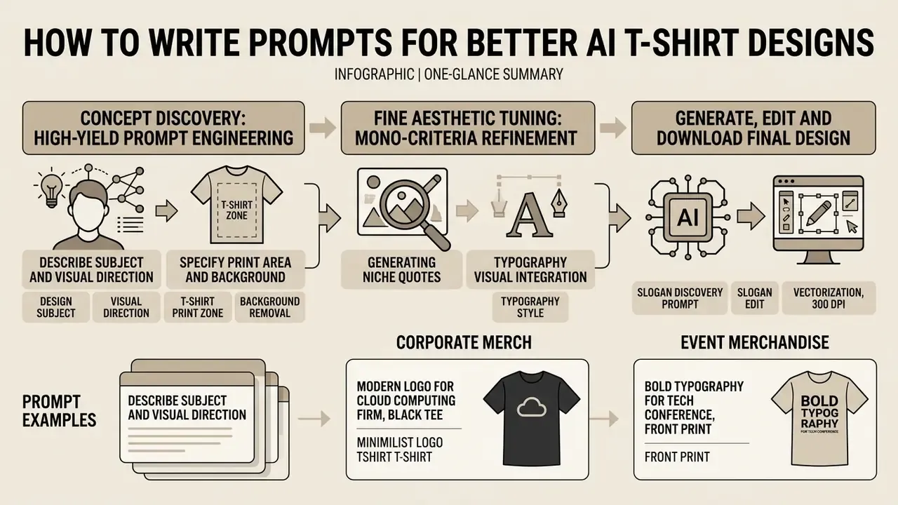 Step-by-step guide illustrating prompt engineering techniques for creating apparel graphics
