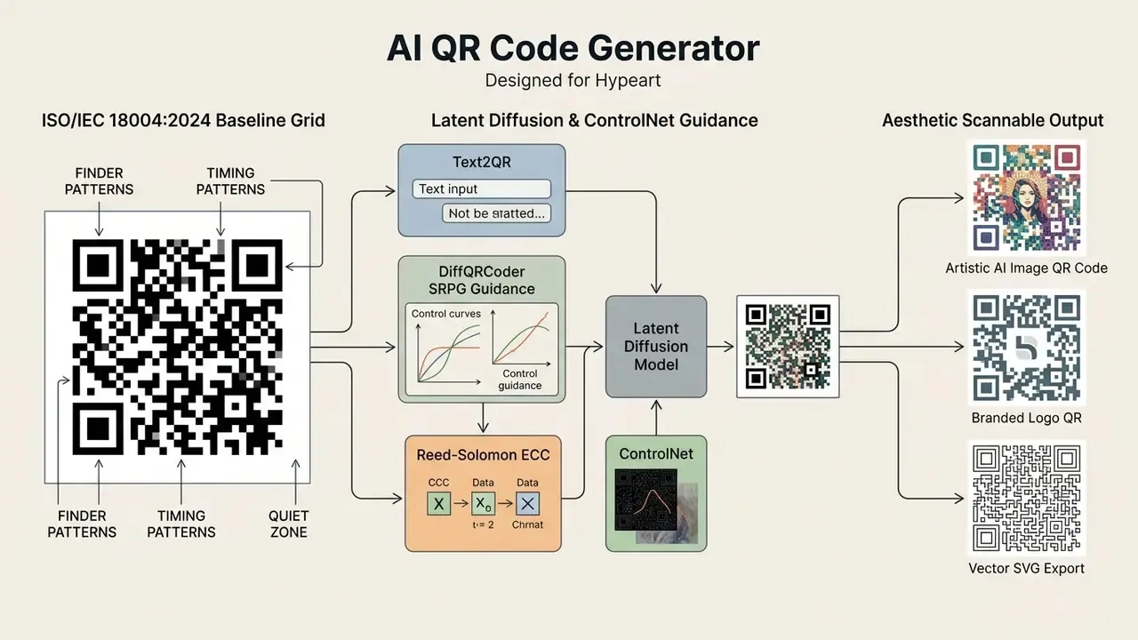 Diagram showing the process of an AI QR code generator transforming standard grids into artistic designs