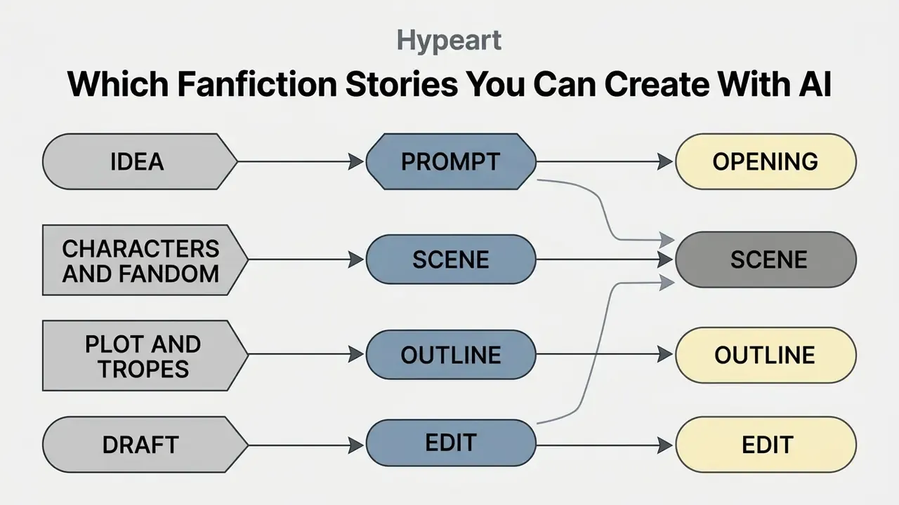 Branching path diagram showing how an AI fanfic generator maps ideas and tropes to final story outputs