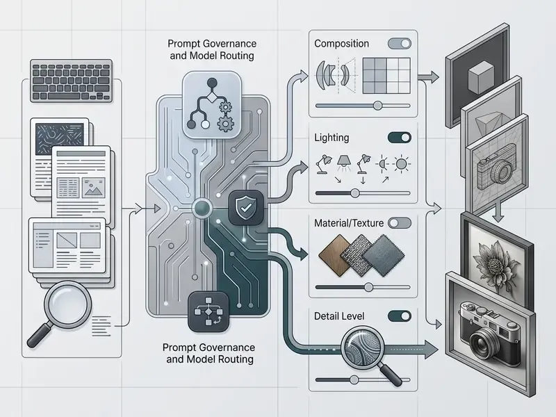 Workflow showing prompt inputs flowing through a central processing hub to adjust composition and textures